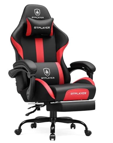 GTRACING Gaming Chair with Foot Rest & Pocket Spring Cushion, Ergonomic High Back Computer Chair with Headrest & 360°-Swivel Seat for Home Office Desk, PU Leather, Red - Image 1