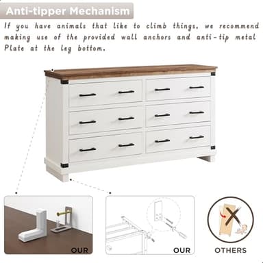 Farmhouse 6 Drawers Dresser for Bedroom, Wood Large Chest of Drawers with Thick Plank Styling, Rustic Closet Dresser for Bedroom or Living Room, Antique White - Image 7