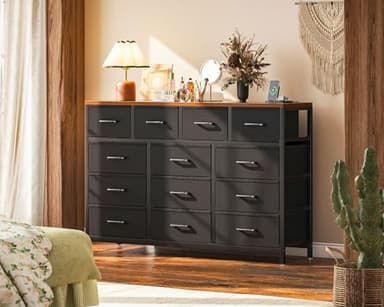 Casaottima Dresser for Bedroom with Charging Station, 55" Long Dresser with 13 Storage Drawers, Large Fabric Dressers Chests of Drawers with Shelves, Black and Vintage - Image 2
