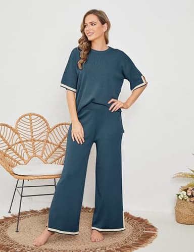 Faleave Womens Knit 2 Piece Sweater Sets Short Sleeve Pullover Tops Elastic Waist Wide Leg Pants Lounge Set(Navy-L) - Image 4