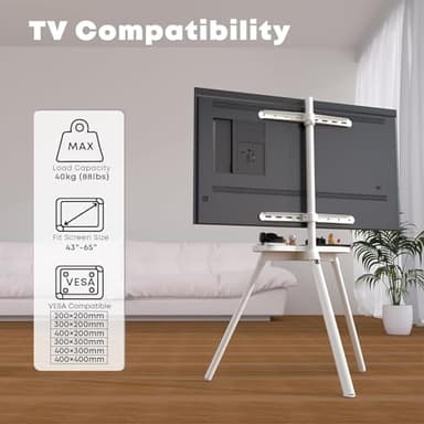 PUTORSEN Easel TV Stand for 43 to 65 inch LED LCD OLED Screens Hold up to 88lbs, Height Adjustable Tripod TV Floor Stand with Shelf/Snap Lock/Anti-Tip Strap, Max VESA 400x400mm, Matte White - Image 3