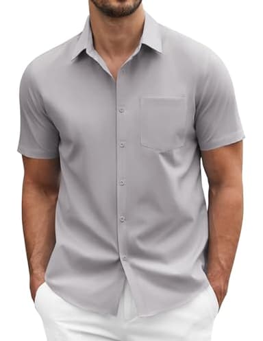 COOFANDY Mens Casual Dress Shirt Short Sleeve Business Attire Regular Fit Polyester Wrinkle Free Button Down Shirts with Pocket Light Grey Gray Large - Image 1