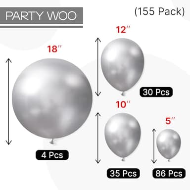 PartyWoo Metallic Silver Balloons 155 pcs Different Sizes Pack of 18 12 10 5 Inch Chrome Silver Balloon Arch Kit Garland for Graduation New Year Wedding Birthday Party Decorations Silver-G102 - Image 2