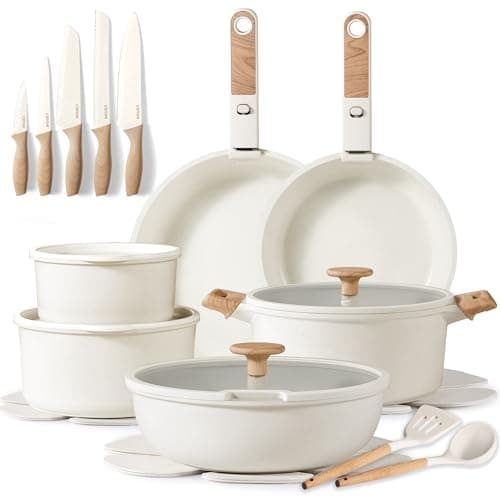 CAROTE 25pcs Pots and Pans Set Non Stick, Cookware Sets, Kitchen Set, Oven/Dishwasher/Fridge Safe, Space Saving Pots Set, Nonstick Set with Versatile Detachable Handle with Knife Set, Cream - Image 1