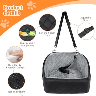NEEZUKAR Dog Car Seat for Small Dogs,Detachable Washable Dog Booster Seat Under 30lbs, Pet Car Seat Travel Bed with Storage Pockets and Dog Safety Belt (Black/Grey) - Image 4