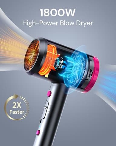 Hair Dryer with Diffuser for Curly Hair, 1800W Ionic Blow Dryer for Women & Men, Fast-Drying, Lightweight, Low Noise, Hair Care Styling Tool for Home, Travel - Image 2