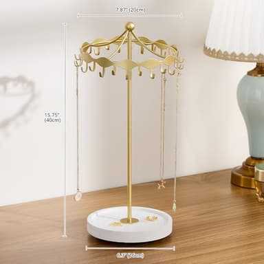 Lolalet Rotating Necklace Holder Stand with Metal Hooks, Spinning Display Carousels, Freestanding Organizer Hanger, for Long Necklaces Chains -Gold - Image 3