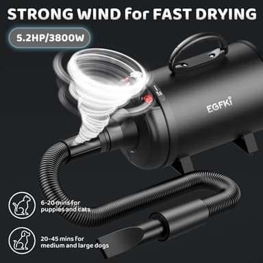 EGFKI Dog-Hair-Dryer, 5.2HP/ 3800W High Velocity Pet Blow Dryer with Heater for Grooming, Speed Temperature Adjustable Dog Blower Grooming Dryer with 4 Nozzles - Image 3