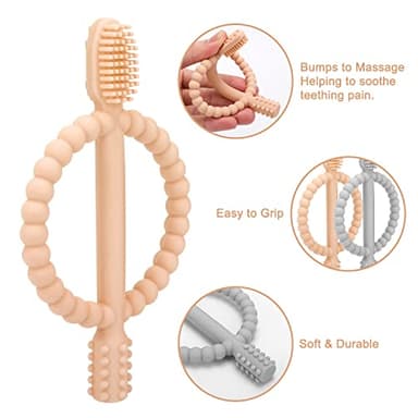 Baby Teething Toys with Easy-Hold Handle, Silicone Infant Toothbrush, Textured On Both Sides Helps Massage, Soothe Sore Gums, Teething Toys for Babies 0-6 Months, 6-12 Months Peach Powder & Gray - Image 4