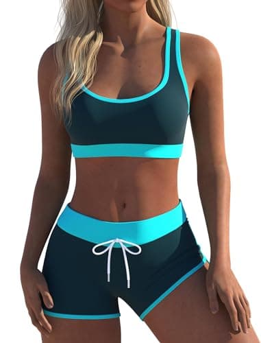 Womens Sport Two Piece Swimsuits Racerback Tops Boyshort Bottom Swimwear Bathing Suit(XL,Green) - Image 1