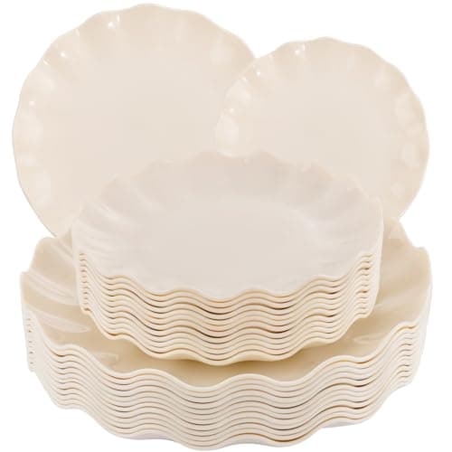 LIYH 24 Pcs Plastic Plates Reusable,Unbreakable Dinner Plates, Scalloped Plastic Plates, Dishwasher Safe,Ivory Plate Sets Perfect for Parties, Birthday, Picnics, BPA Free(12Guests) - Image 1