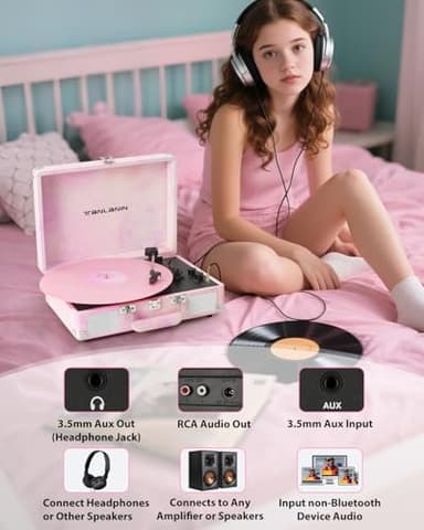 Watercolor Vinyl Record Player with Treble & Bass Control, Vintage 3-Speed Bluetooth Suitcase Portable Turntables with Built-in Speakers, 33 45 78 RPM LP Player Support RCA/AUX/Headphone Jack, Pink - Image 6
