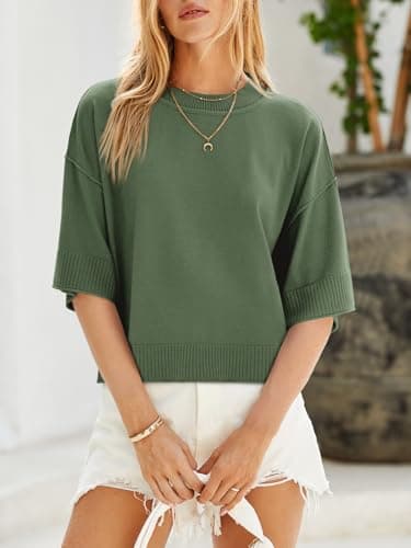 Saodimallsu Womens Short Sleeve Sweater Summer Oversized Cropped Sweaters Casual Crewneck Lightweight Knit Tops Army Green - Image 3
