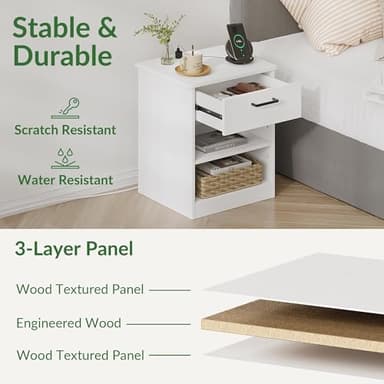 ODIKA Everyday Side Table with Fast Charging Station - USB C Cable Fast Charging, Wooden White Nightstand Bedside Table with Drawer, End Table with Optional Adjustable Shelf for Bedroom, Set of 1 - Image 6