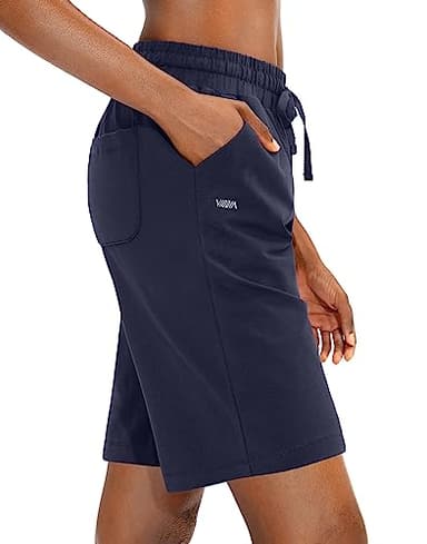 Viodia Women's Bermuda 10" Long Shorts with Pockets Cotton Sweat Lounge Shorts for Women Jersey Athletic Knee Length Shorts for Summer Navy - Image 2