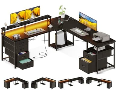 AODK 66" L Shaped Computer Desk, 113“ Reversible Home Office Desk with File Cabinet & 4 Fabric Drawers, Two Person Desk with LED Lights & Power Outlet, Corner Gaming Desk with Monitor Shelf, Black - Image 1