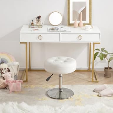 Gitrah White Vanity Chair for Makeup Room Round Ottoman Tufted PU Leather Makeup Chair Vanity Stools for Bathroom Height Adjustable 360 Swivel - Image 5