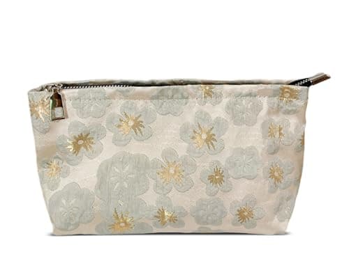 HAPPYHEIDI Small Cute Vintage Floral Makeup Bag Purse Pouch, Accessory Organizer, Metal Zipper, Aesthetic Textured Fabric, Golden Beige Medium - Image 1