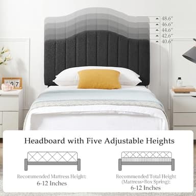 VECELO Twin Bed Frame, Upholstered Platform Bed with Sheepskin Fabric Adjustable Headboard/Strong Wood Slats Supports/7.9'' Under Bed Storage Space/Noise Free/No Box Spring Needed, Dark Grey - Image 5