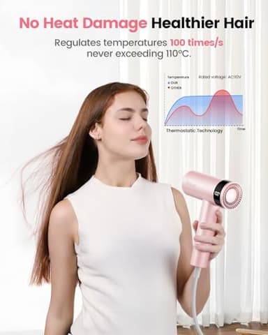 Dekuri Hair Dryer, 110,000 RPM High-Speed Fast Drying Blow Dryer, 200 Million Ionic Lightweight Hairdryer with Diffuser, Magnetic Nozzle, 4 Temps & 3 Speeds, Low Noise for Women & Men (Pink) - Image 4