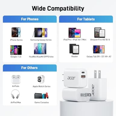 Acer USB C Charger Block, 3-Pack 20W Dual Port Type C Fast Charging, Wall Plug Adapter with 3-Pack 6.6FT Fast Power Cables Compatible with iPhone 16/15/ iPad Pro/ Air/ AirPods, iwatch, Galaxy - Image 8