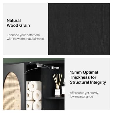Rattan Bathroom Wall Cabinet, Boho Medicine Wall Cabinets with Door and Adjustable Shelves, Tall Kitchen Wall Mounted Storage Cabinet, Floating Hanging Cabinet Space Saver for Laundry Room,Black - Image 6