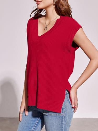 Saodimallsu Womens V Neck Sweater Vest Oversized Ribbed Knit Sleeveless Casual Loose Fit Pullover Tank Top Red - Image 4