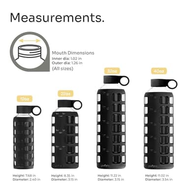 purifyou 40oz / 32oz / 22oz / 12oz Borosilicate Glass Water Bottle with Time & Volume Markers, Silicone Sleeve, Stainless Steel Lid | Reusable Glass Bottle for Water & Juice (22oz Jet Black) - Image 2