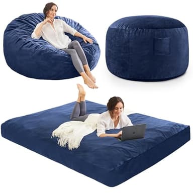 Bean Bag Chairs for Adults - Giant Bean Bag Chair Convertible Bean Bag Bed - Beanbag Chair with Micro Fiber Cover/Furniture Foam Filler - Floor Couch Sofa in Bedroom Dorm Room - Queen Navy Blue - Image 1
