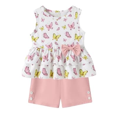 YUEMION Toddler Girl Clothes, 2Pcs Baby Girl Summer Outfits Sleeveless Bow Knot Tank Shirts Tops + Shorts Clothing Sets(Butterflies+ Pink, 4-5T) - Image 7