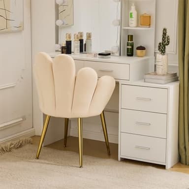 VINGLI Petal Makeup Vanity Chair with Back,Flower Cute Girls Desk Chair Comfy No Wheels,Modern Dining Chair,Small Accent Chair with Adustable Gold Legs&Bow Pillow for Home Office,Bedroom,Velvet,Beige - Image 9