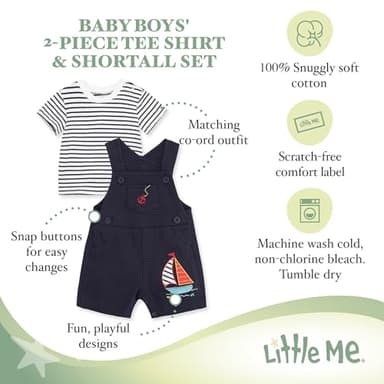 Little Me Baby Boy Shortall Set – 2-Piece, Tee Shirt and Overall Shorts, Cute and Comfy Outfits, Navy Blue Stripe, 9 Months - Image 2