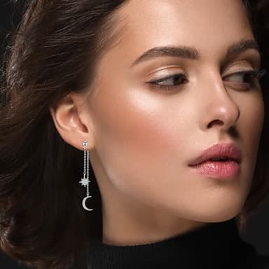 925 Sterling Silver Moon Star Earrings for Women Crescent Dangle with Cubic Zirconia Celestial Jewelry for Wedding - Image 3
