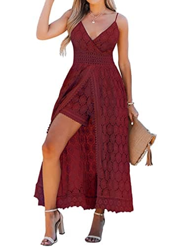 CUPSHE Womens Summer Slip Ruching Smocking Jumpsuit Dress V Neck Speghetti Straps Backless Maxi High Low One Piece Outfit, Small, Red - Image 1