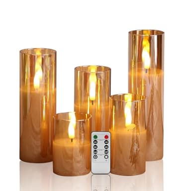 Eywamage 5 Pack Gold Glass Flameless Candles with Remote, Flickering Slim Tall LED Pillar Votive Candles Battery Included - Image 1