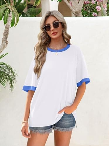 OFEEFAN Summer Outfits for Women Half Sleeve Colorblock Tops Graphic Tees Women's Shirts Dressy Casual Z-White M - Image 2