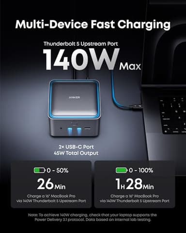 Anker Prime TB5 Docking Station, 14-in-1 Thunderbolt 5 Dock with 120Gbps Max Transfer, Thunderbolt Dock with 140W Max Charging, Cooling System, Ambient Lighting, Up to 8K for TBT 5/4 Laptops - Image 3