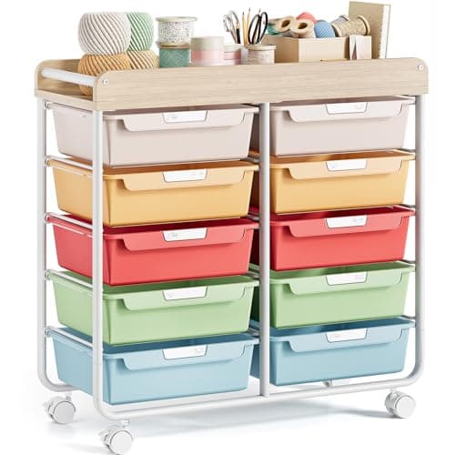 Rolling Storage Cart with Wooden TableTop, Utility Cart with 10 Large Drawers for Craft Organizers, Art Supply Storage, Home Office Organization, Cart with Wheels for Classroom, Living Room, Colorful - Image 1
