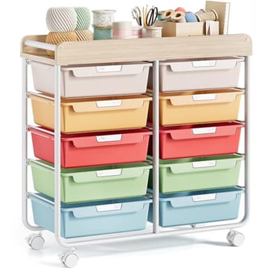 Rolling Storage Cart with Wooden TableTop, Utility Cart with 10 Large Drawers for Craft Organizers, Art Supply Storage, Home Office Organization, Cart with Wheels for Classroom, Living Room, Colorful - Image 1
