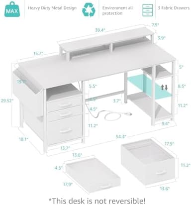 Lufeiya White Computer Desk with File Drawers Cabinet, 55 Inch Home Office Desk with Monitor Stand Shelves, Writing Study Gaming Desks with Led Lights and Power Outlets for Bedroom, White - Image 4