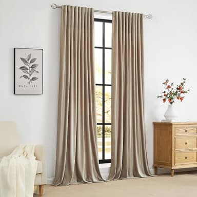 100% Full Blackout Champagne Beige Velvet Curtains 108 inch Long for Living Room,Set of 2 Liner Rod Pocket Back Tab Thermal Window Curtains Room Darkening Heavy Decorative Curtains Drapes for Bedroom - Image 7