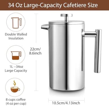 34oz French Press Coffee Maker, 1000ml Stainless Steel Double Insulated Cafetiere 8 Cup Espresso Coffee Press, Portable Coffee Plunger Pot for Home, Office, Camping - Image 2