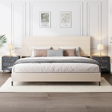 Furnihome King Size Bed Frame, Modern Upholstered Bed Frame King with Adjustable Linen Headboard, Wooden Slats Support Platform, No Box Spring Needed,Easy Assembly,Beige - Image 1