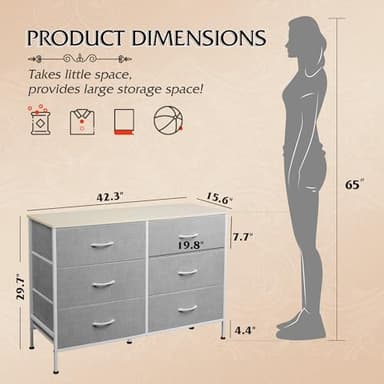 WLIVE 6 Drawer Dresser for Bedroom, Wide Fabric Dresser TV Stand for 50 Inches TV with Metal Frame, Wooden Top, Chest of Drawers, Storage Organizer for Living Room, Hallway, Light Grey - Image 3