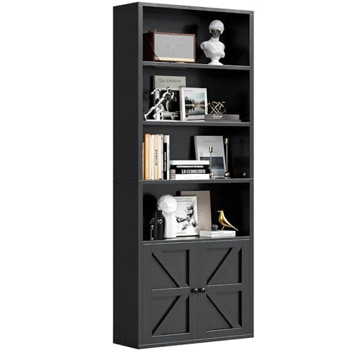 oneinmil 71.5" Tall Bookshelf and Bookcase, 6-Tier Wooden Bookshelves with Cabinet Doors, Floor Bookshelves and Office Storage Cabinets for Home Office, Living Room (Black 1 Pack, 6-Tier) - Image 1