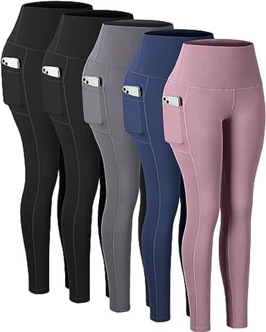 CHRLEISURE Leggings with Pockets for Women, High Waisted Tummy Control Workout Yoga Pants(5 Packs, 2Black,Gray,Navy, Pink, M) - Image 1