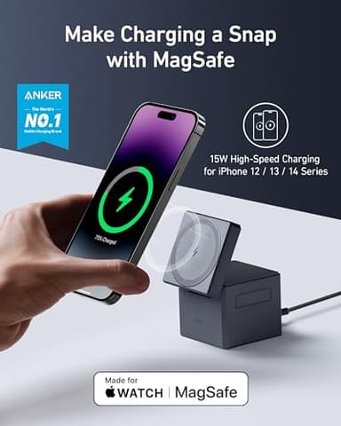 Anker MagSafe Charger Stand, iPhone 16 Wireless Charger, 3-in-1 Cube with MagSafe, 15W Foldable Fast Charging Stand, For iPhone 16/15/14/13, Apple Watch 1-8/Ultra, AirPods (30W USB-C Charger Included) - Image 2