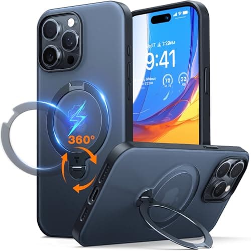 TORRAS Upgraded 360 Spin Magnetic Stand for iPhone 15 Pro Max Case, Compatible with MagSafe, Military Grade Shockproof, Built-in Kickstand Ring Holder, Translucent Slim Soft Edge, Ostand Spin Black - Image 1