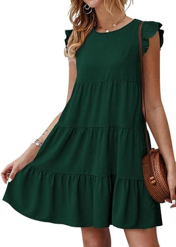 KIRUNDO Women's Summer Mini Dress Sleeveless Ruffle Sleeve Round Neck Solid Color Loose Fit Short Flowy Pleated Dresses (Dark Green, Large) - Image 1