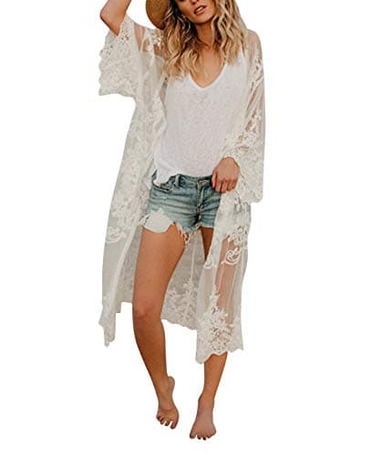 Women’s Bathing Suit Kimono Beach Cover Up Lace Crochet Pool Swimwear (White, M) - Image 1
